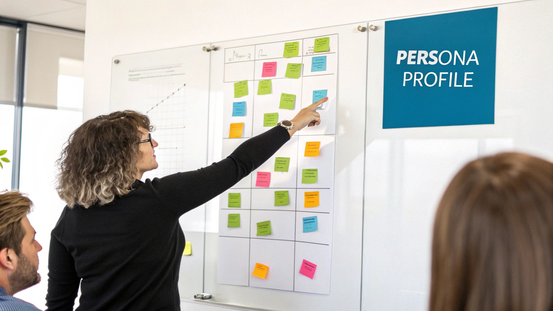 A woman in a black shirt points at colorful sticky notes on a persona profile whiteboard.