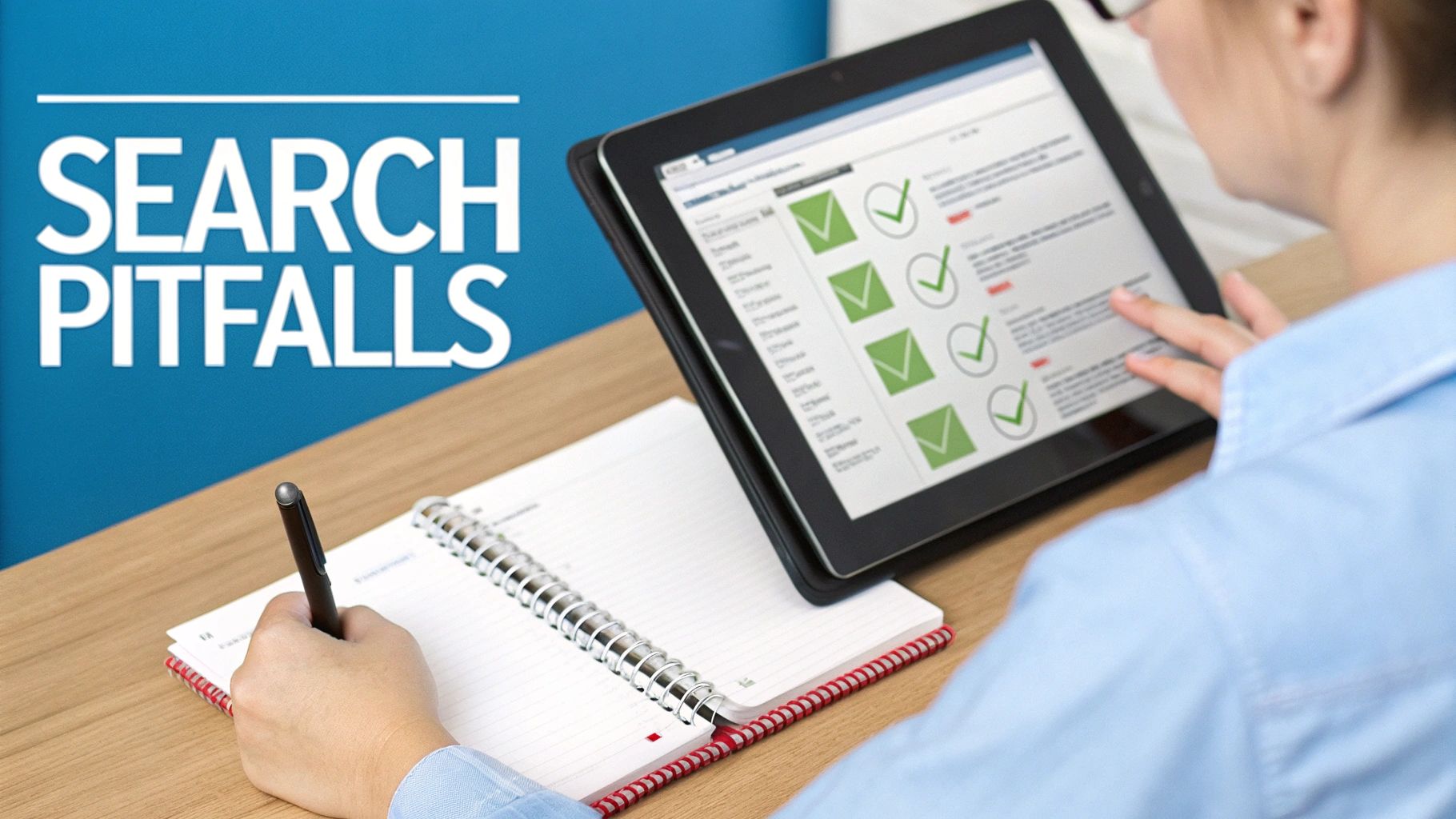 Professional reviewing search pitfalls checklist on tablet with green checkmarks and note-taking