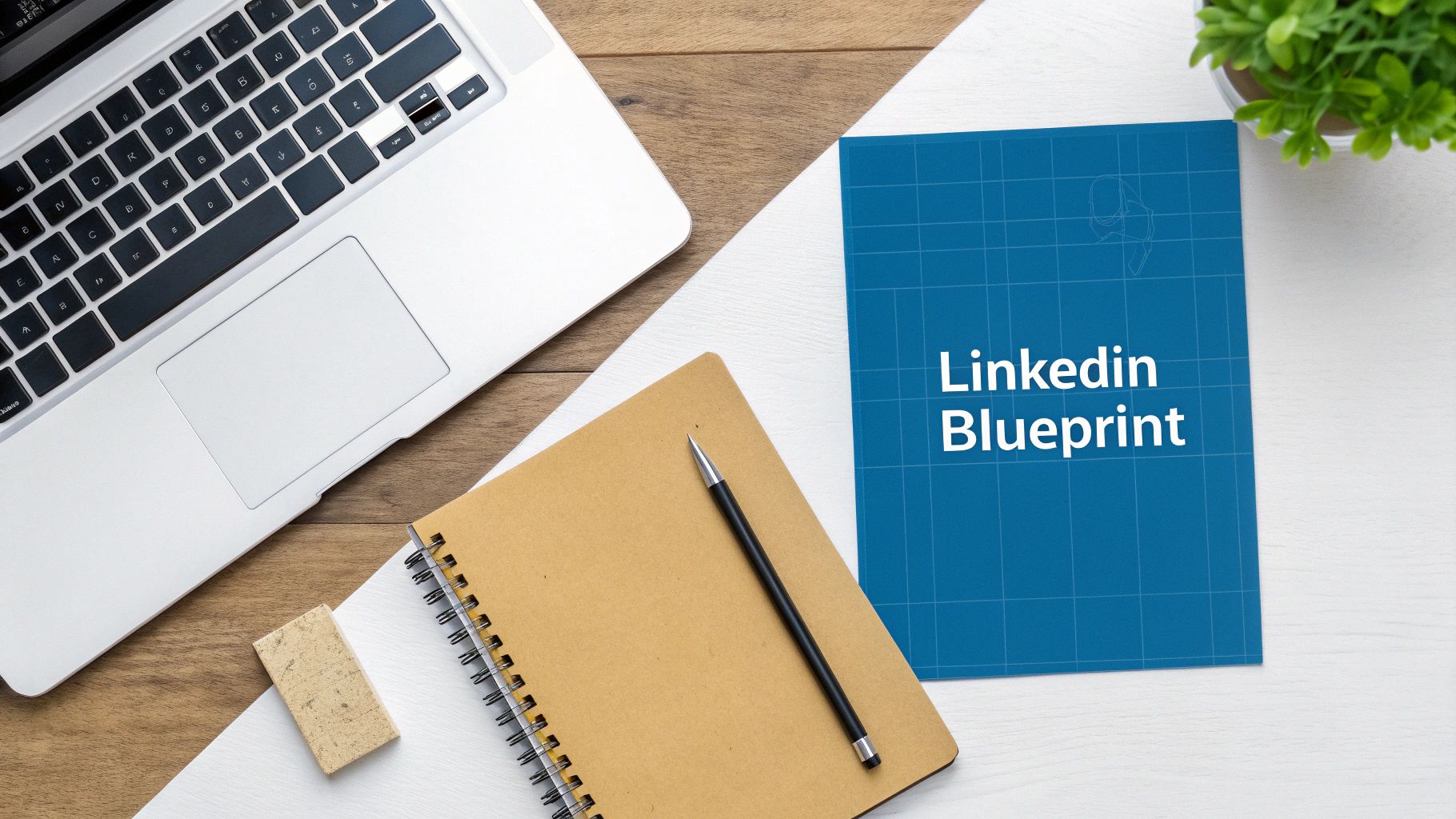 LinkedIn Blueprint guide on desk with laptop, notebook, and pen for professional content strategy