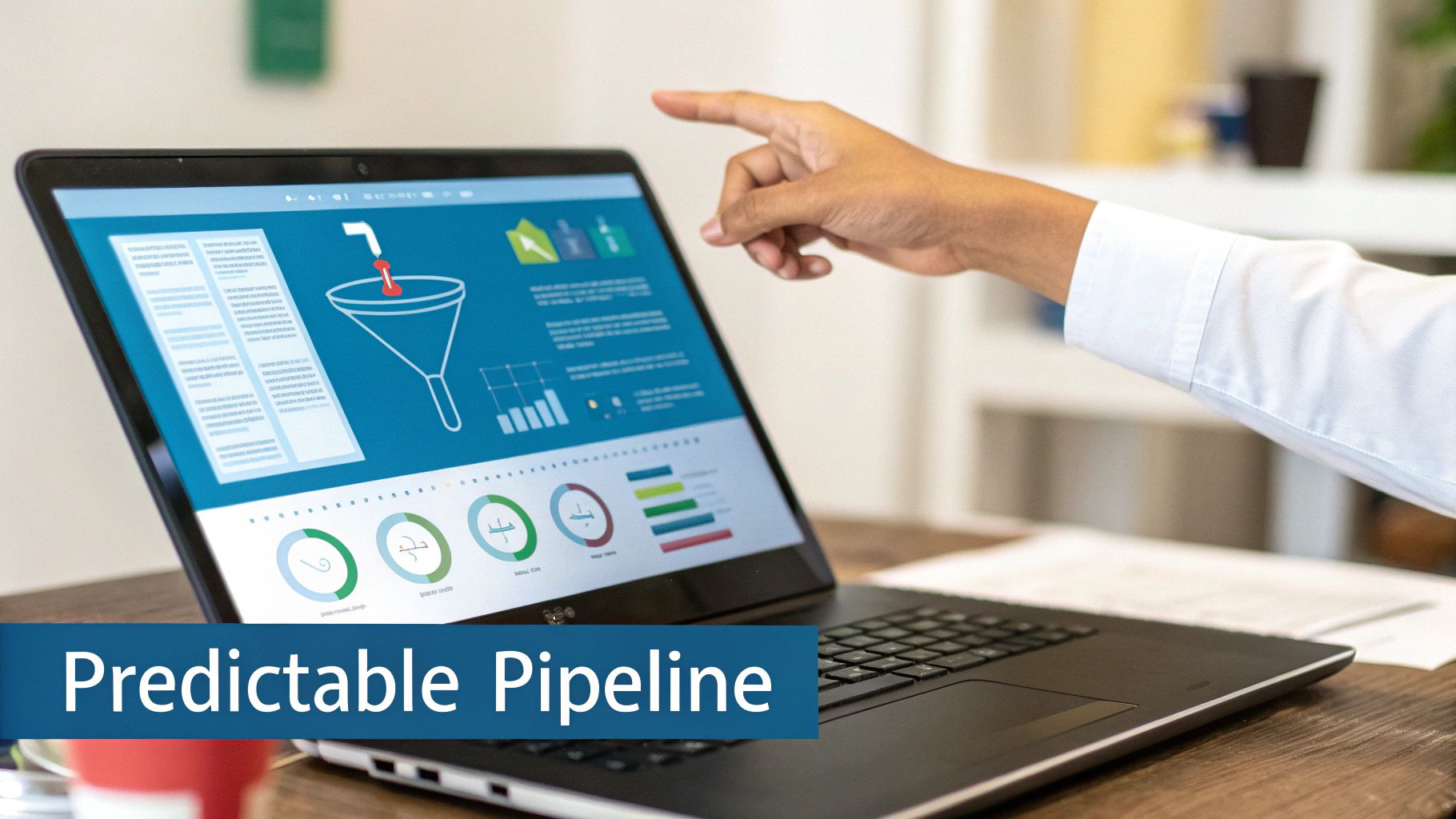 A person's hand points at a laptop screen displaying a sales funnel and data analytics for a predictable pipeline.