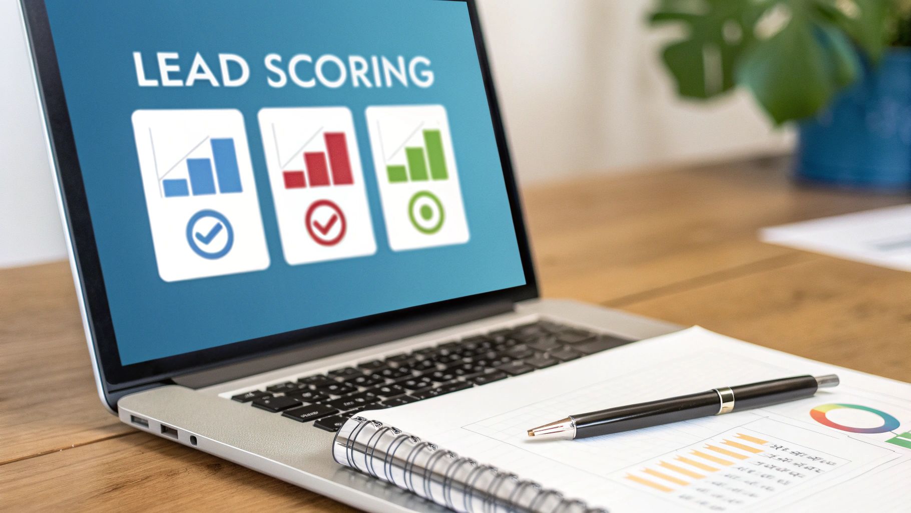A laptop displays lead scoring analytics with three bar charts, next to a notebook and pen.