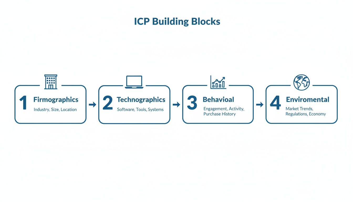 Diagram illustrating four ICP building blocks: firmographics, technographics, behavioral, and environmental factors for an ideal customer profile.