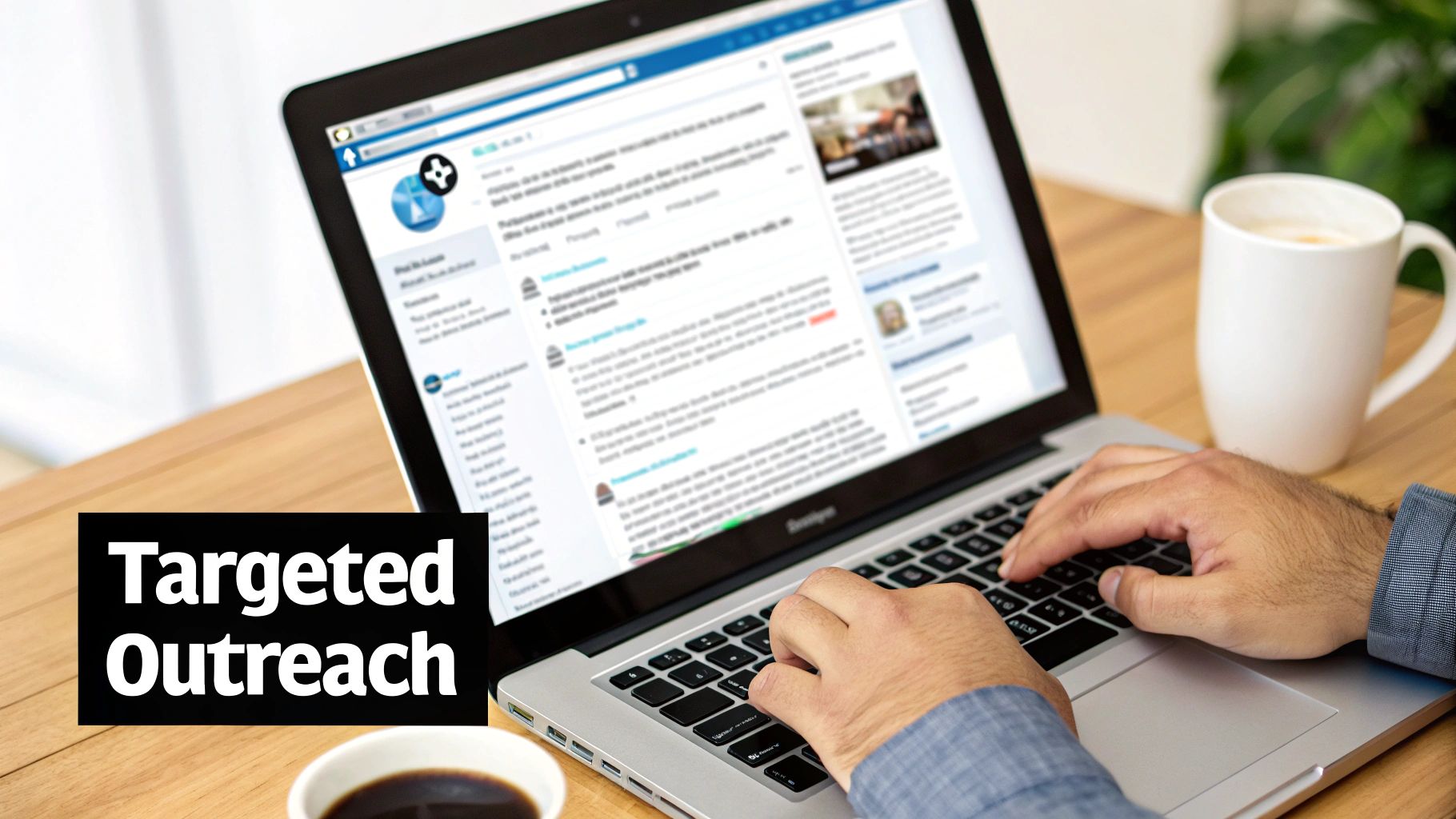 An image showing a person's hands using a laptop to engage on a social media platform, with connection lines and user icons overlaid to represent a network.