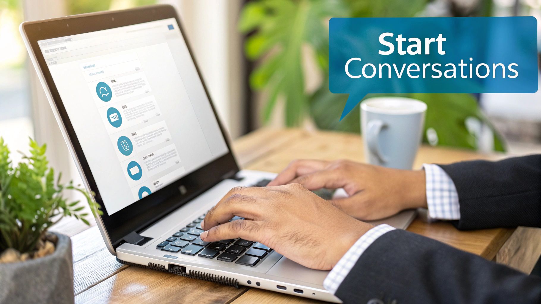 Close-up of a person typing on a laptop, encouraging 'Start Conversations' in a blue speech bubble.