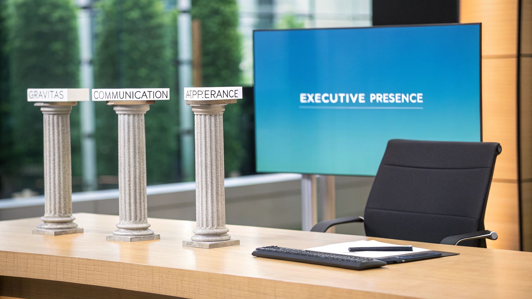 Three columns labeled 'Gravitas,' 'Communication,' and 'Appearance' on a desk, with a screen displaying 'Executive Presence.'