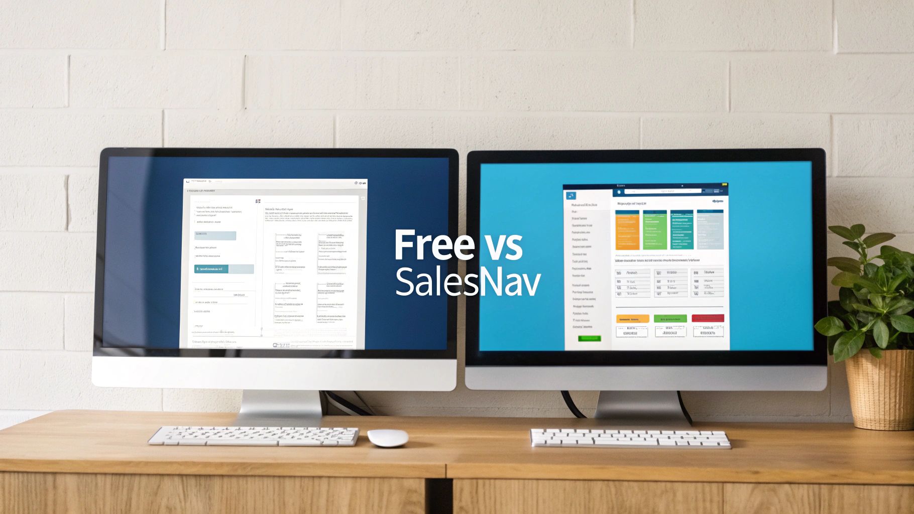 Two computer monitors on a wooden desk displaying 'Free vs SalesNav' interfaces, showing different features.