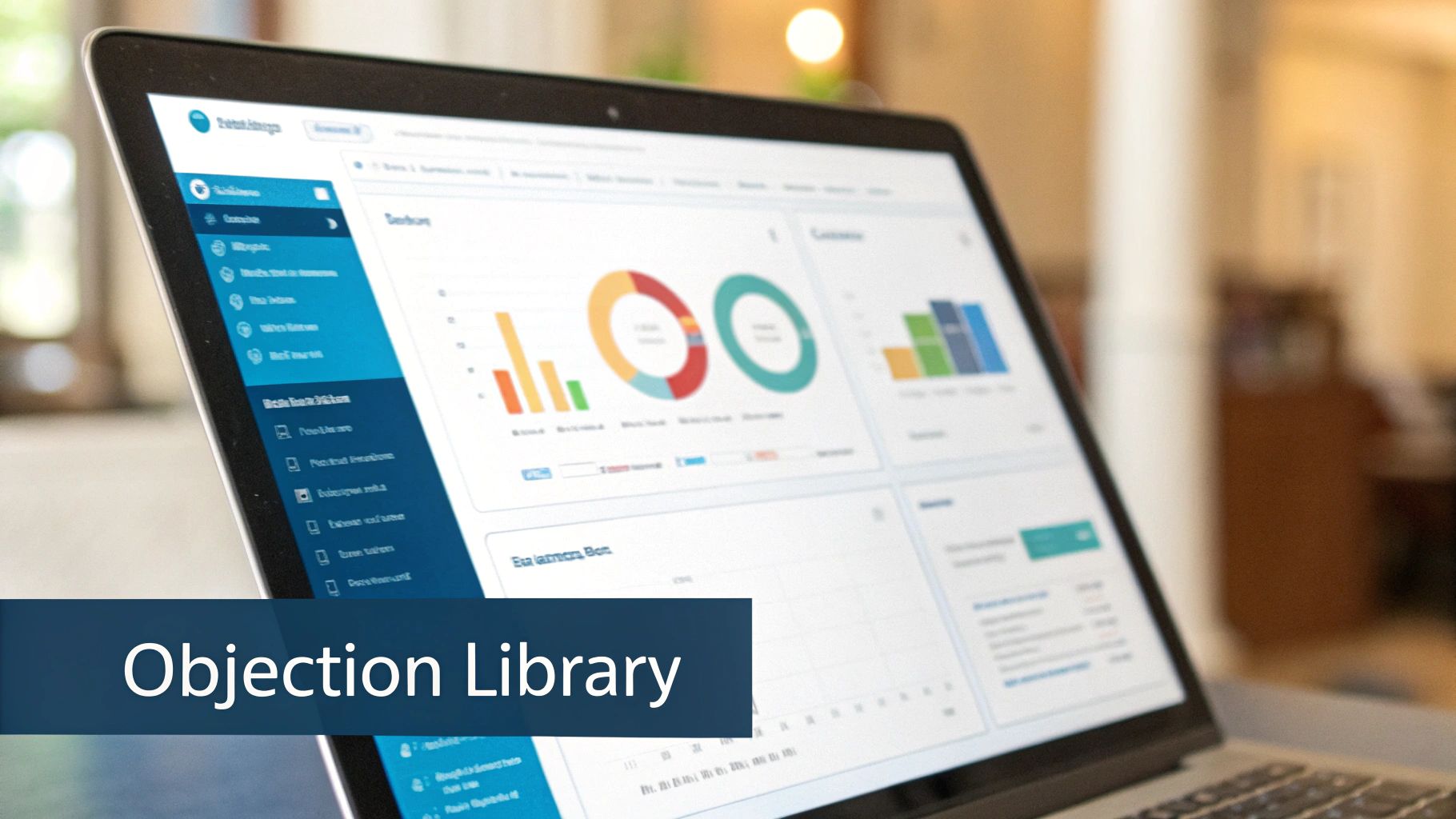 A laptop screen shows a business analytics dashboard with various charts and a sidebar menu, featuring 'Objection Library'.