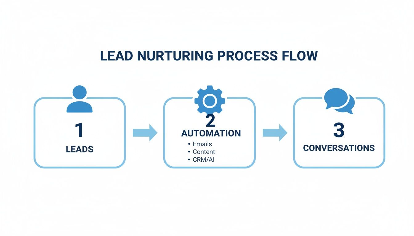 A diagram illustrating the lead nurturing process flow with steps: Leads, Automation, and Conversations.