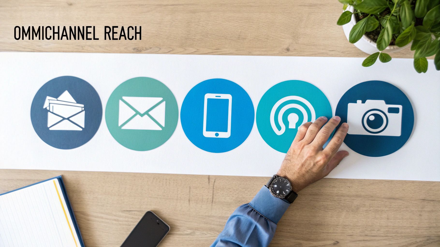 A hand touches an icon, illustrating omnichannel reach with various communication channel symbols.