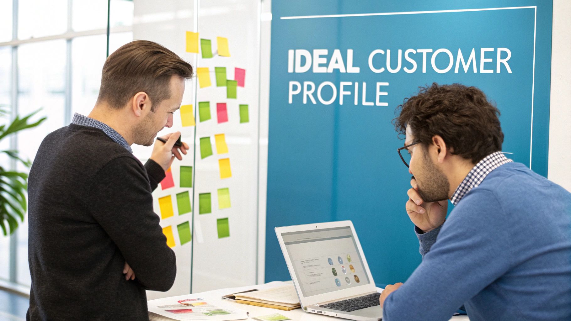 Two men brainstorm an ideal customer profile using sticky notes and a laptop in a modern office.