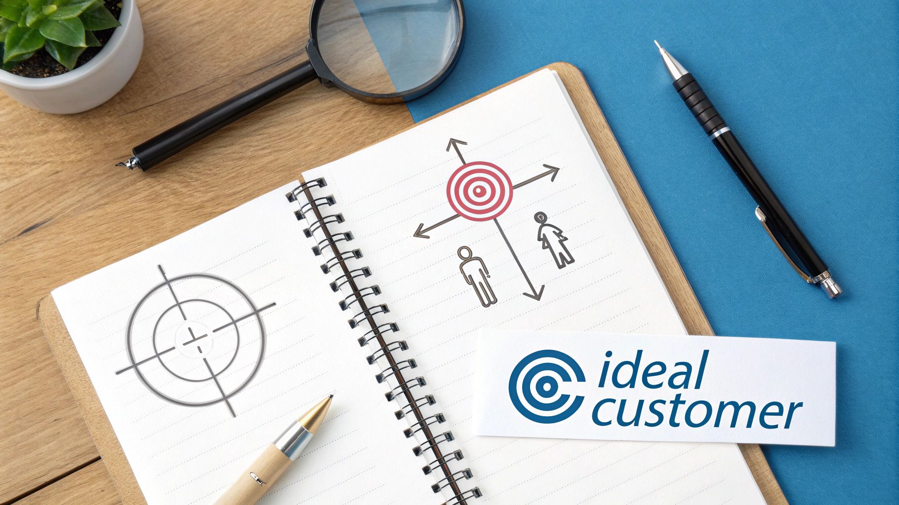 Flat lay of a notebook with ideal customer target diagrams, pens, and a magnifying glass.