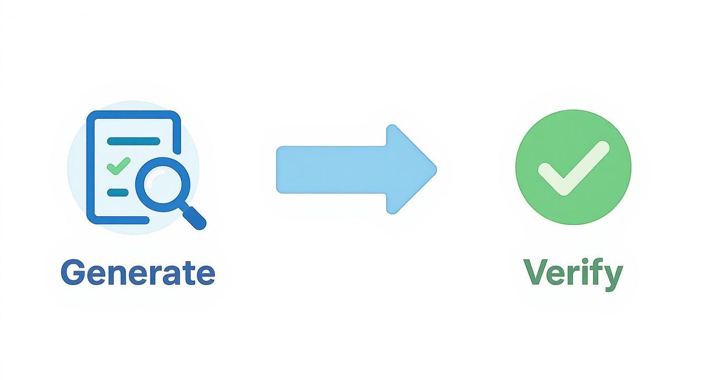 A process flow diagram showing 'Generate' (document icon with magnifying glass) leading to 'Verify' (green checkmark icon).