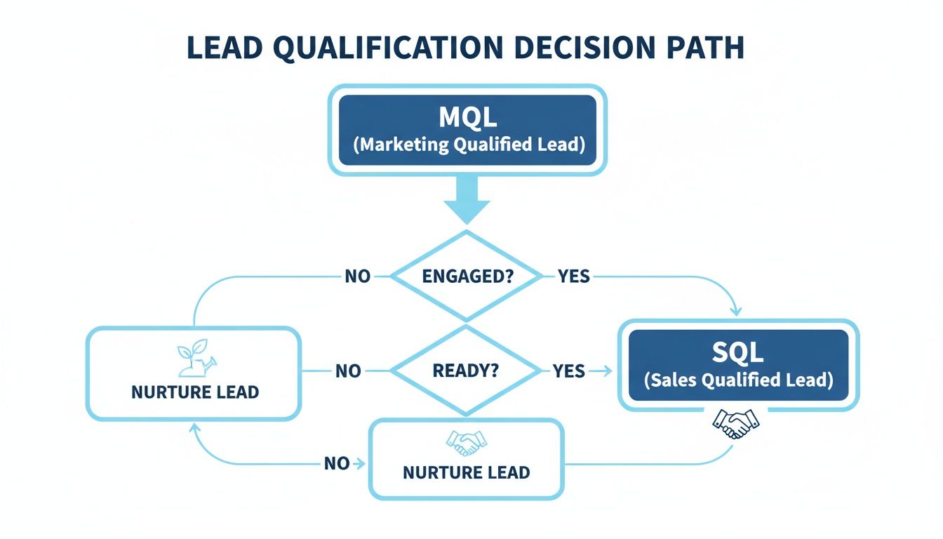 Flowchart illustrating the lead qualification decision path from MQL to SQL, including nurturing leads.