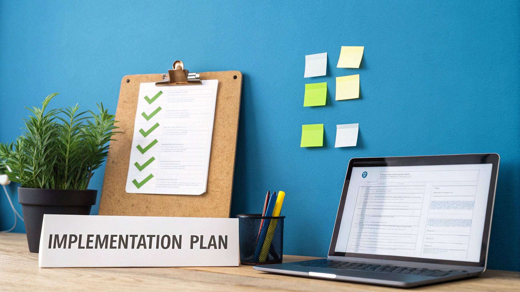 A desk with an 'Implementation Plan' sign, a checklist on a clipboard, and a laptop, suggesting project management.