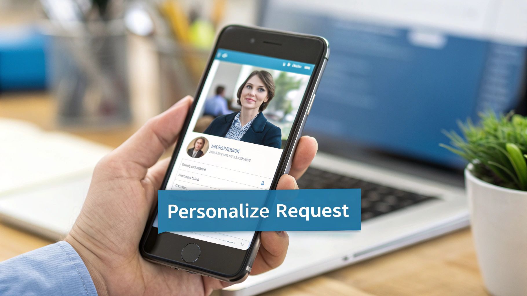 A hand holds a smartphone displaying a professional networking profile with a woman's photo and 'Personalize Request' overlay.