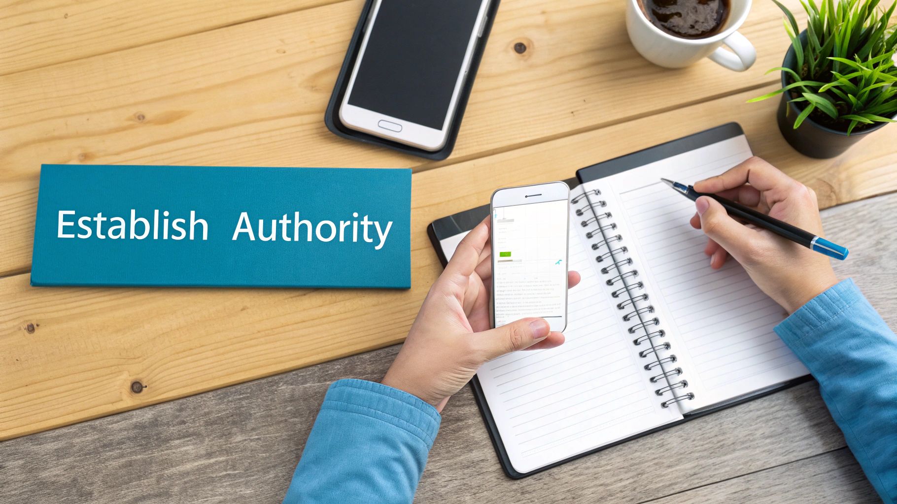 Overhead view of a person's hands working on a desk with a smartphone, notebook, and 'Establish Authority' sign.