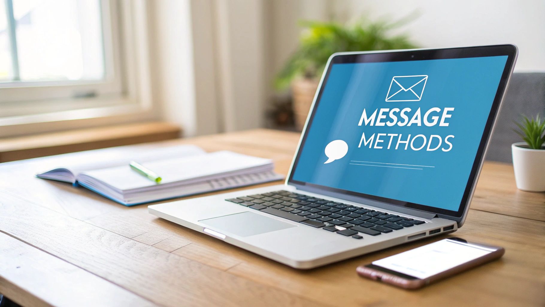 A laptop displaying 'MESSAGE METHODS' with communication icons, a notebook, pen, and smartphone on a wooden desk.
