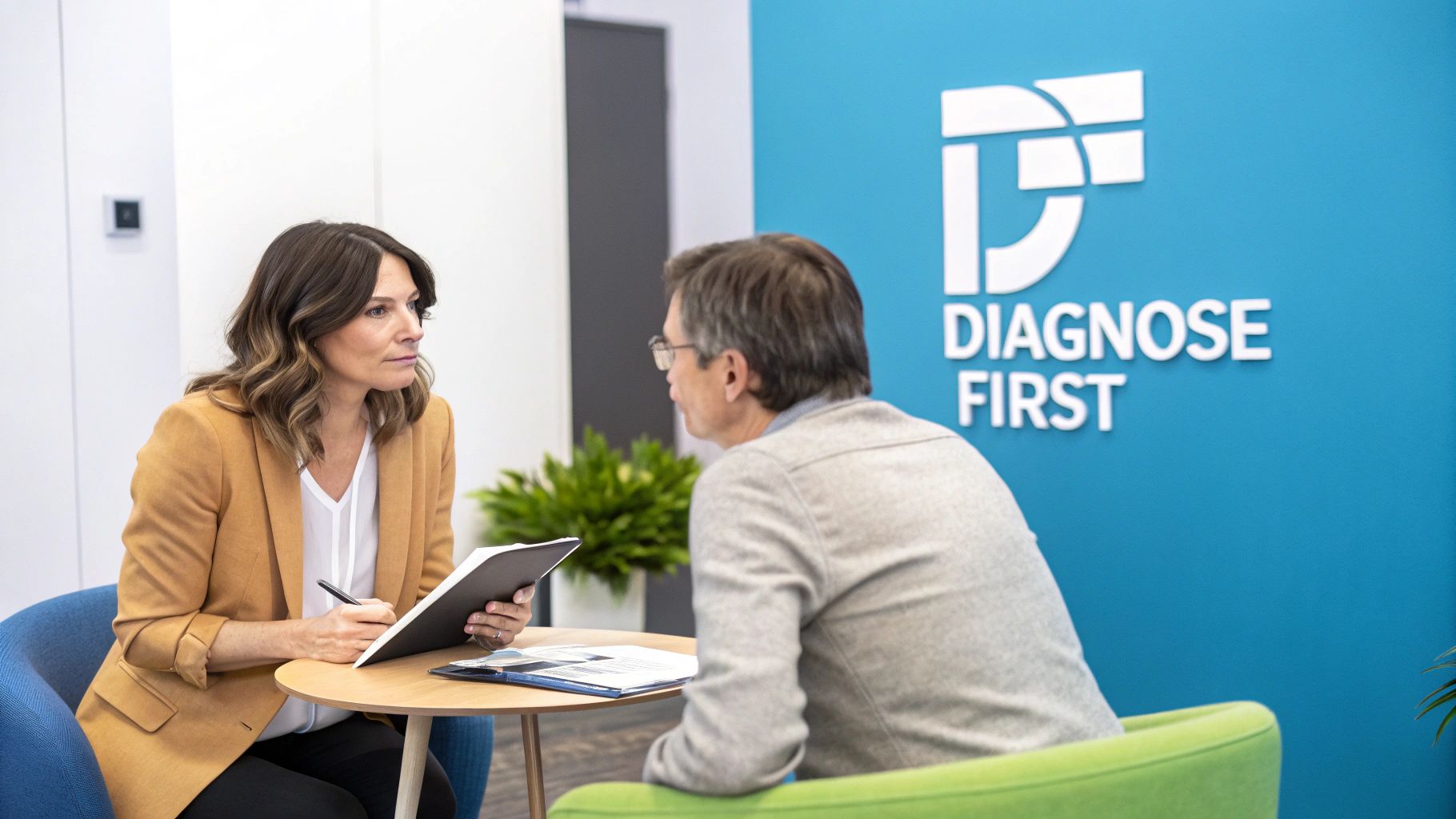 A woman in a brown blazer takes notes during a consultation with a man in an office.
