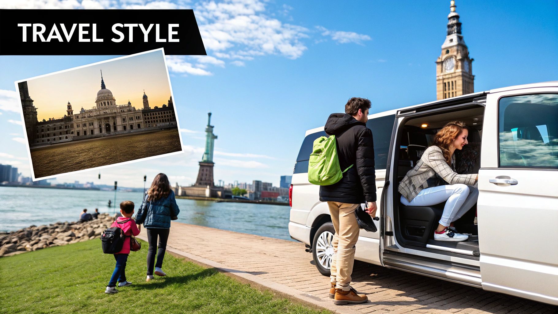 Travelers with a white van, a family walking by the river, and iconic global landmarks.