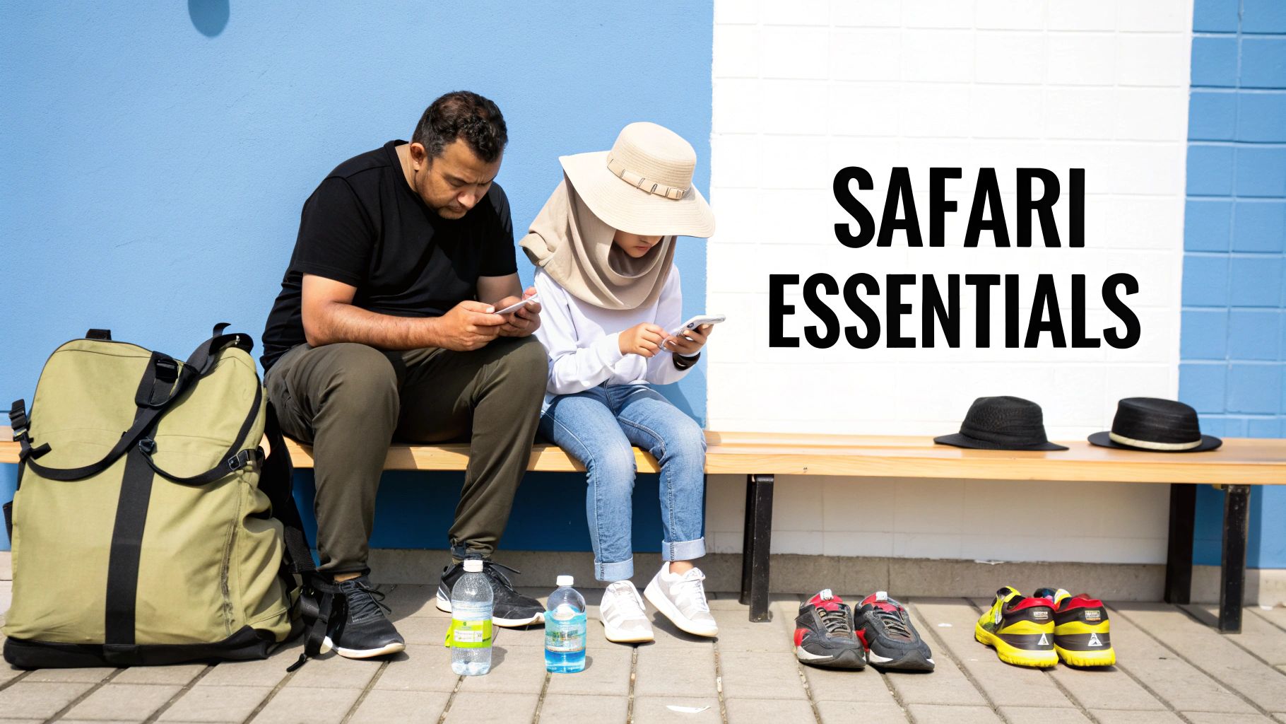 A man and a child sit on a bench, looking at their phones, surrounded by safari essentials.