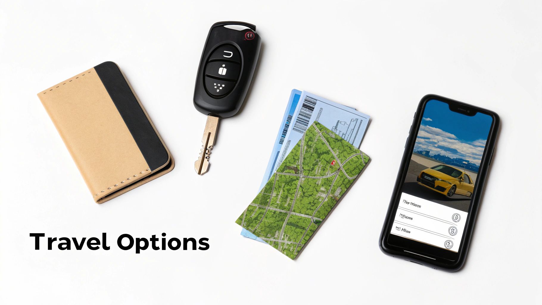 Flat lay of travel essentials: car key, tickets, map, passport, and smartphone showing a car.