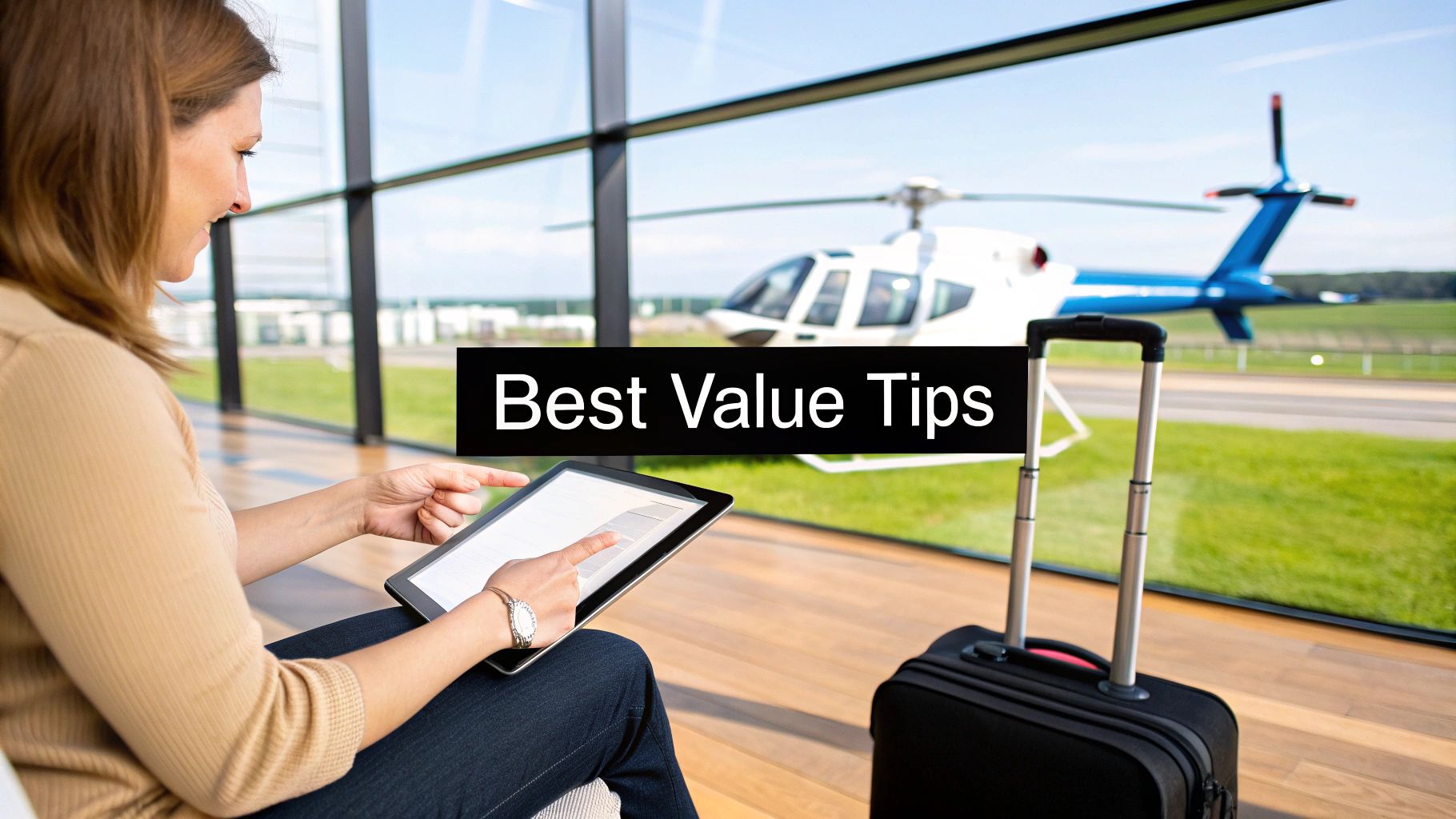 A woman at an airport lounge using a tablet with a helicopter outside the window and luggage nearby.