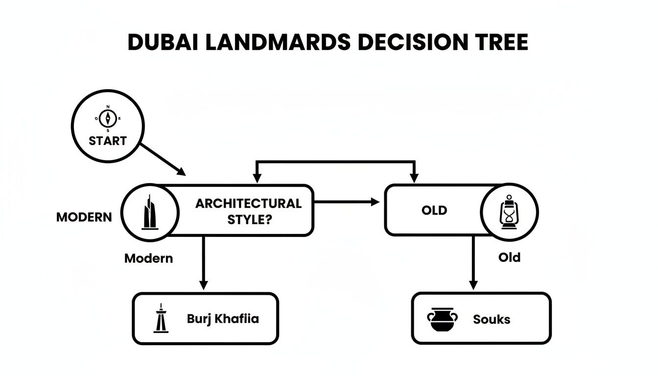 A decision tree flow chart for Dubai landmarks, categorizing them into modern (Burj Khalifa) and old (Souks).