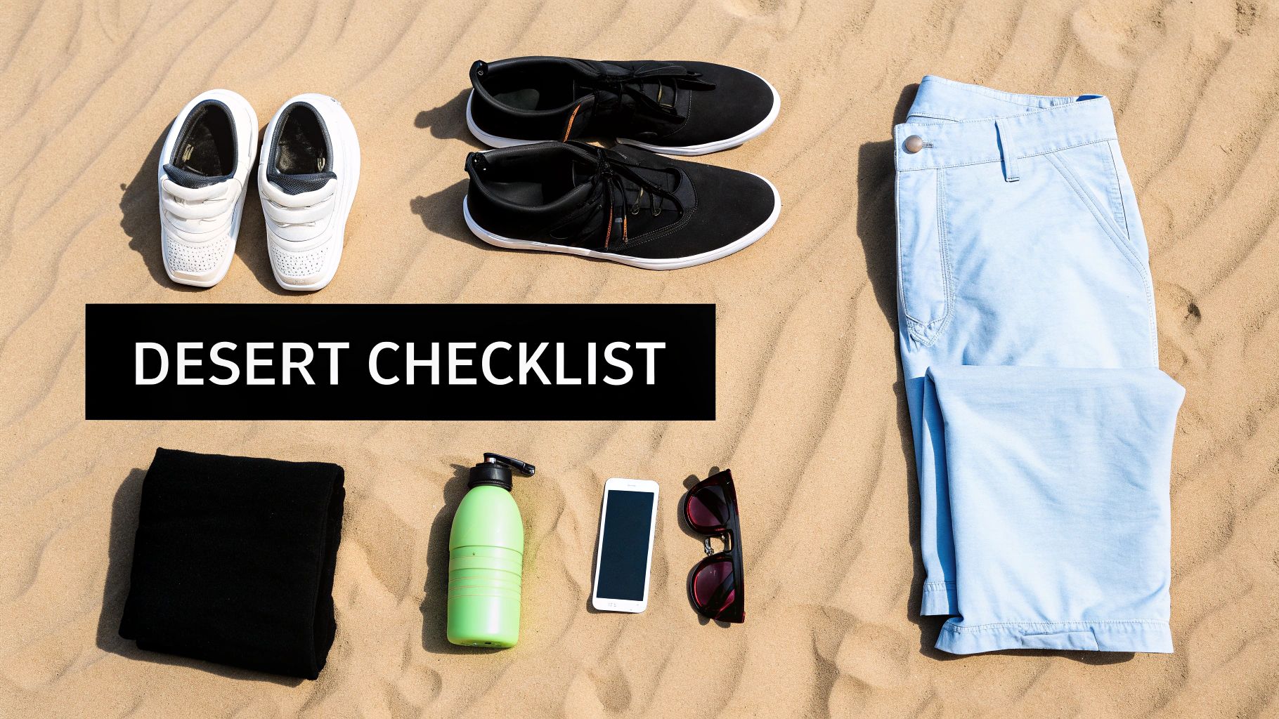 A flat lay of desert travel essentials including white and black shoes, light blue pants, water bottle, phone, and sunglasses on sand.