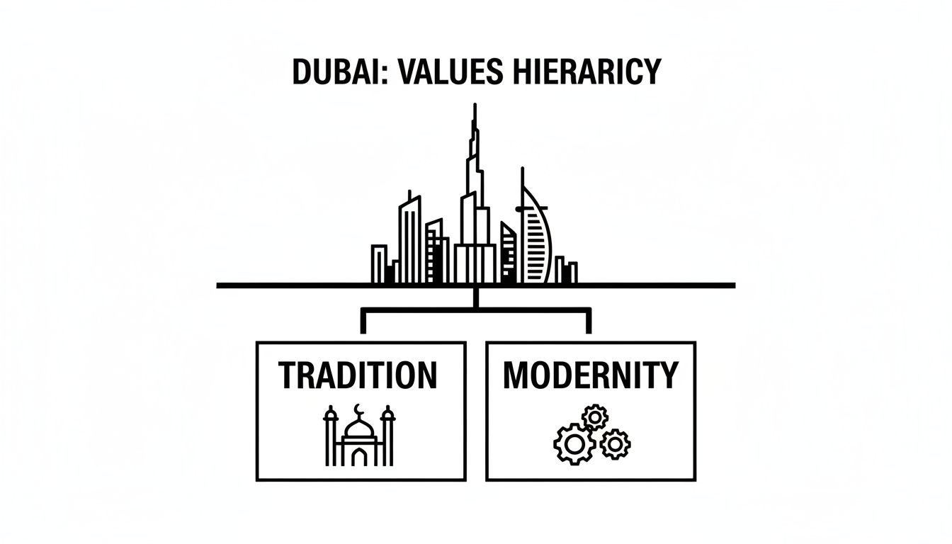 Diagram illustrating Dubai's values hierarchy, showing a balance between tradition and modernity under a city skyline.