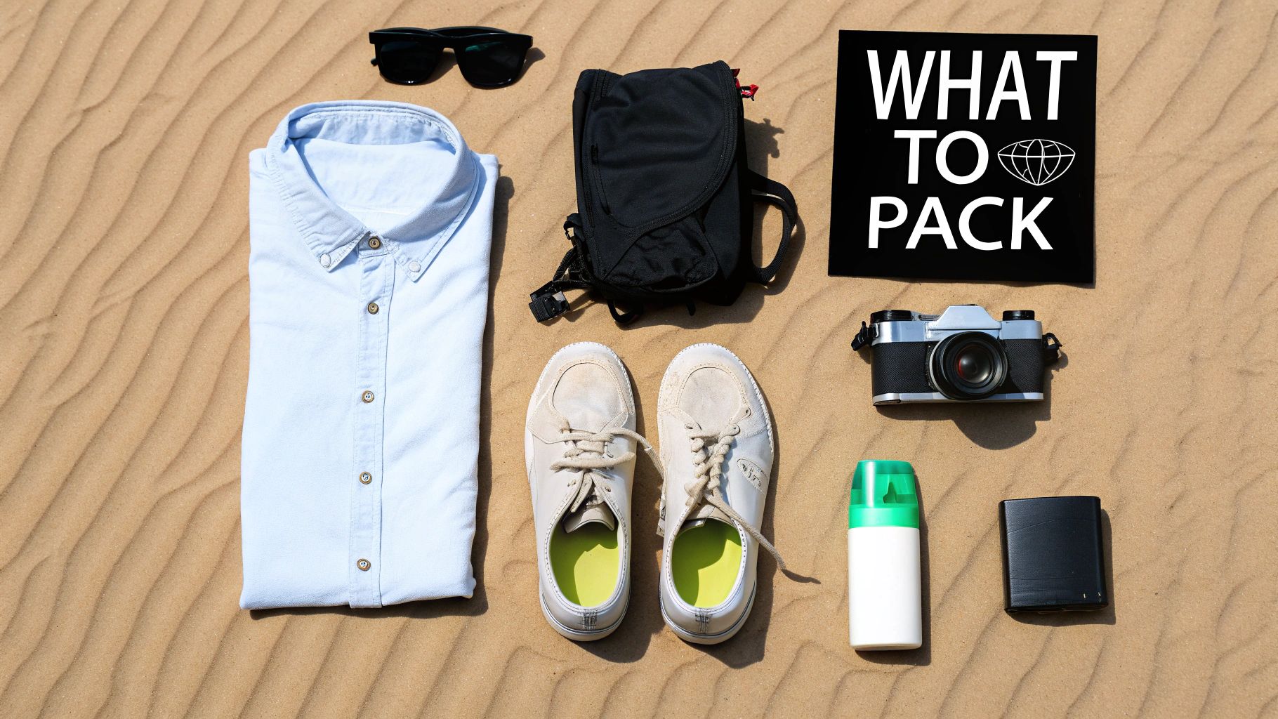 A flat lay of travel essentials on rippled sand, featuring a shirt, sunglasses, backpack, sneakers, camera, and toiletries.