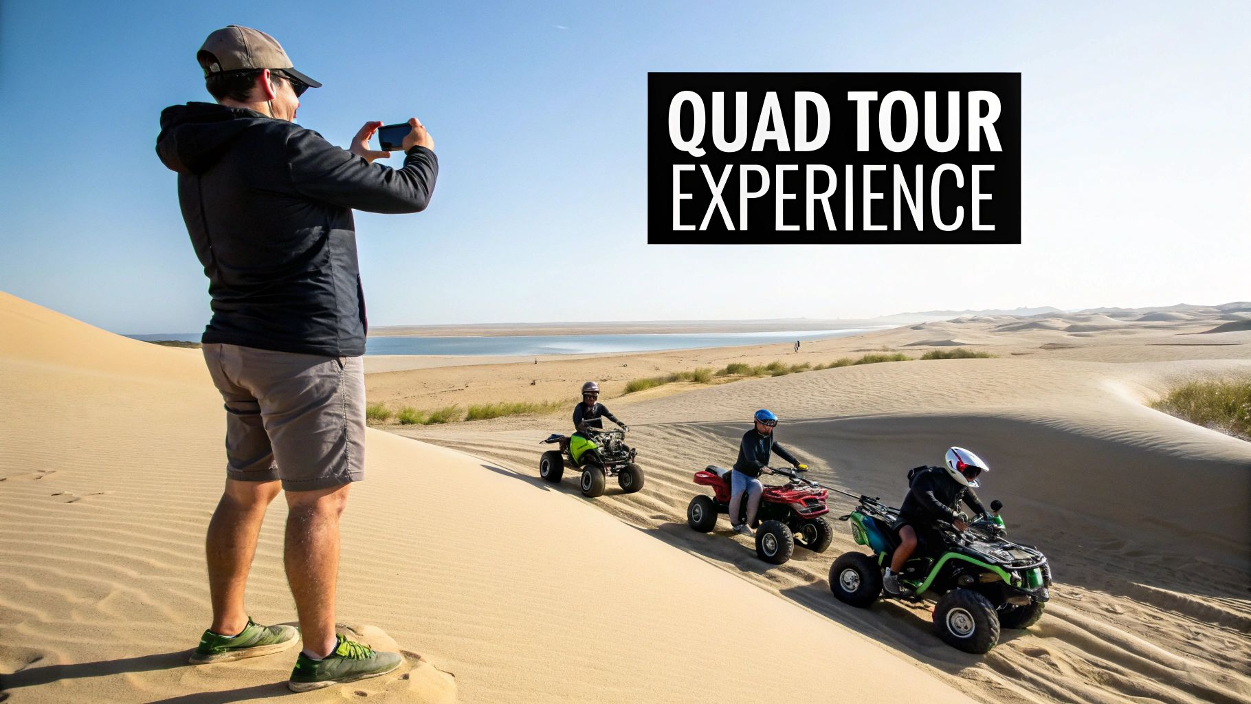 Group of tourists riding colorful quad bikes on sand dunes near coastal lagoon during adventure tour
