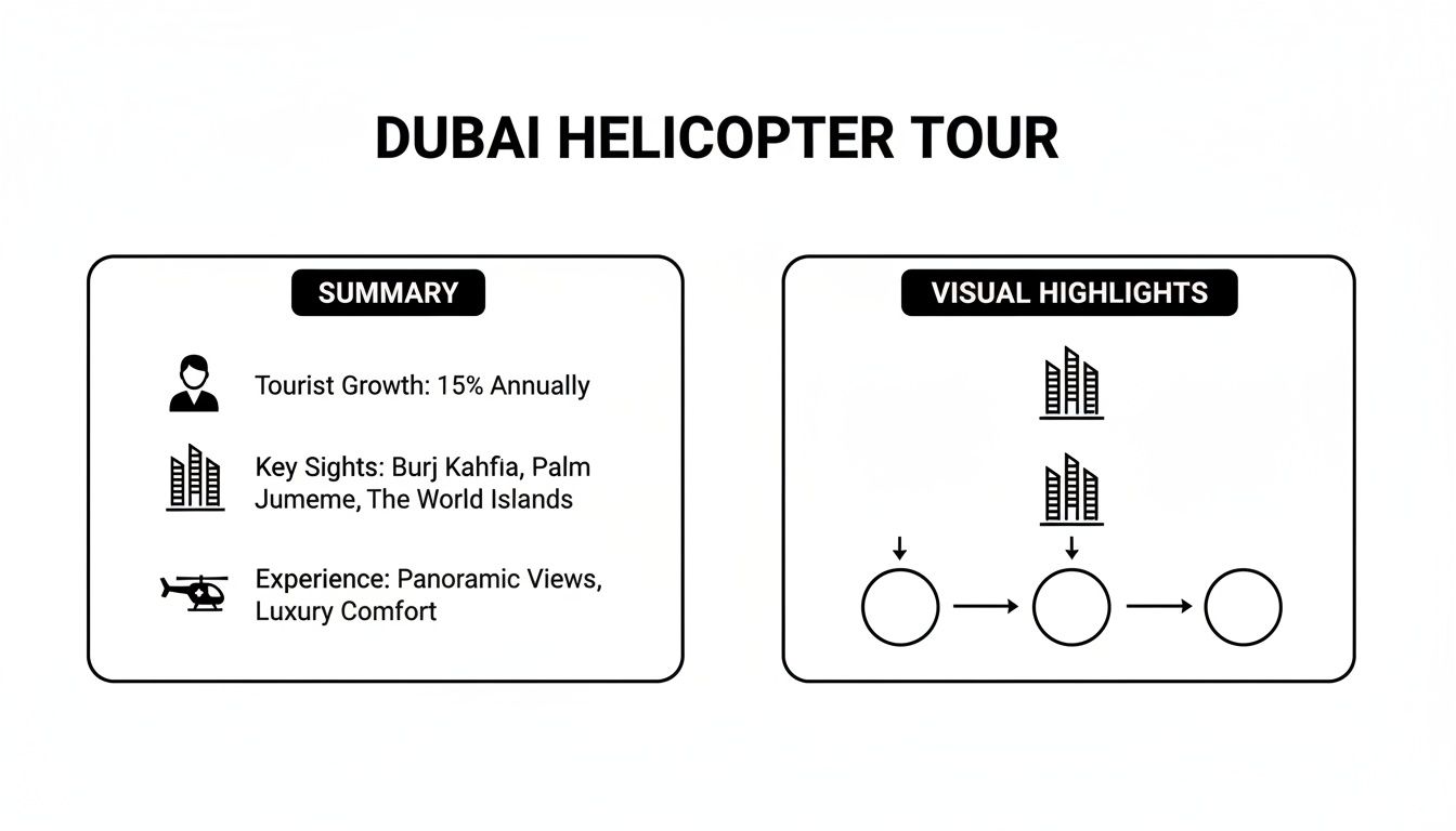 A infographic summarizing Dubai Helicopter Tour details, including tourist growth, key sights like Burj Kahfia, and luxury experience.
