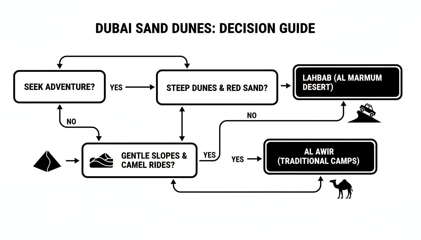 Decision guide flowchart for Dubai sand dunes, offering choices for adventure or gentle experiences.