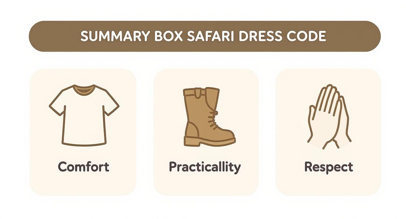 Infographic summarizing safari dress code: prioritize comfort, wear practical boots, and show respect.