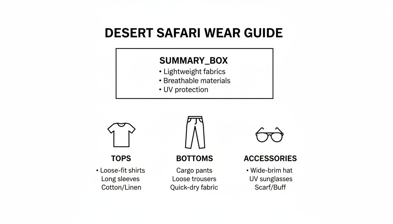 Desert Safari Wear Guide detailing suitable clothing and accessories like lightweight fabrics, loose-fit shirts, cargo pants, and UV protection.