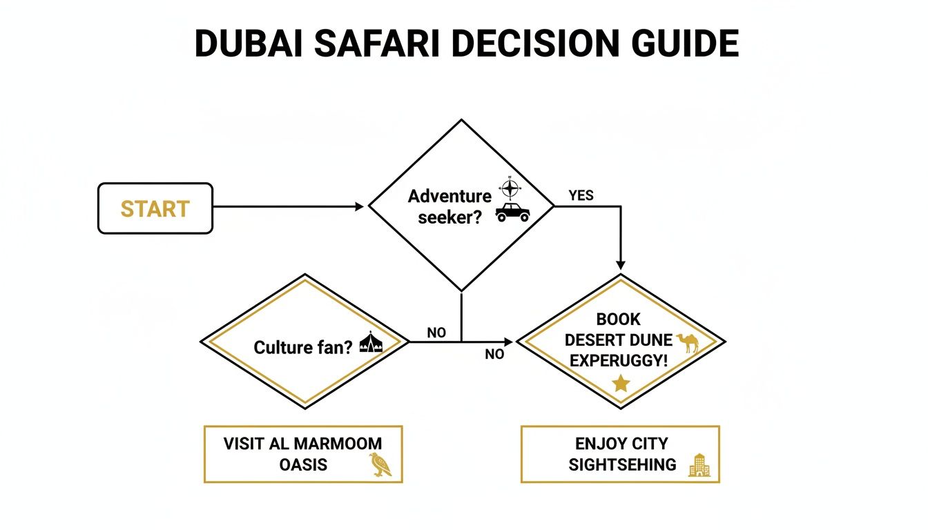 Flowchart guiding Dubai safari activity choices based on adventure and culture preferences.