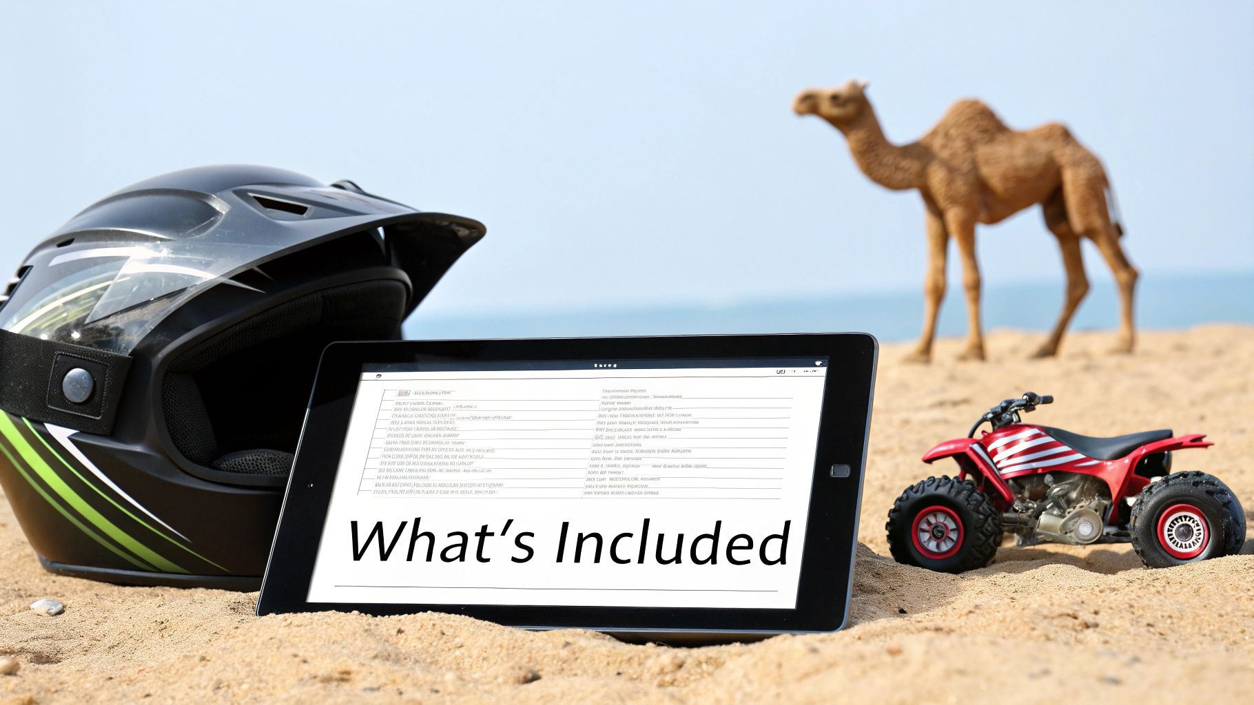 Motorcycle helmet, tablet with 'What's Included' text, and a toy ATV on a sandy beach with a camel.