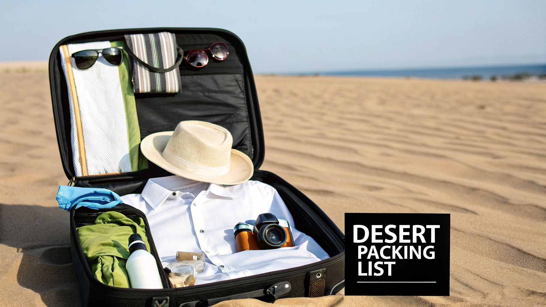 An open suitcase filled with travel essentials like clothes, hat, sunglasses, and a camera, on a sandy desert landscape.
