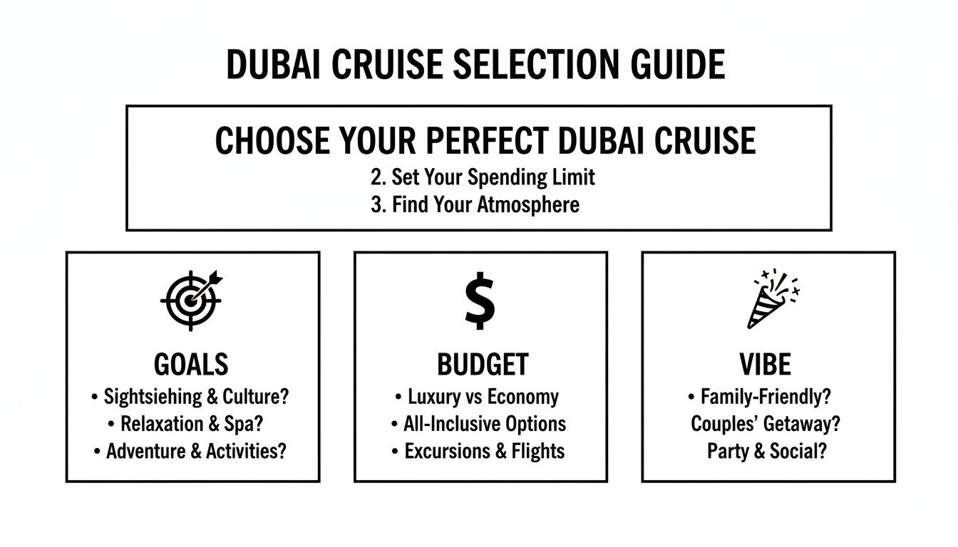 Infographic guiding the selection of a Dubai cruise based on goals, budget, and desired atmosphere.