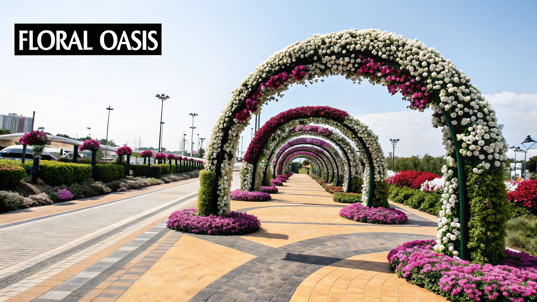 Long pathway lined with vibrant white and pink floral arches under a clear sky.