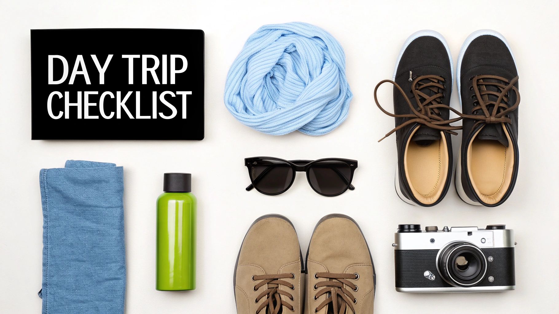Flat lay of day trip essentials including a checklist sign, two pairs of shoes, a scarf, a towel, a bottle, sunglasses, and a vintage camera.