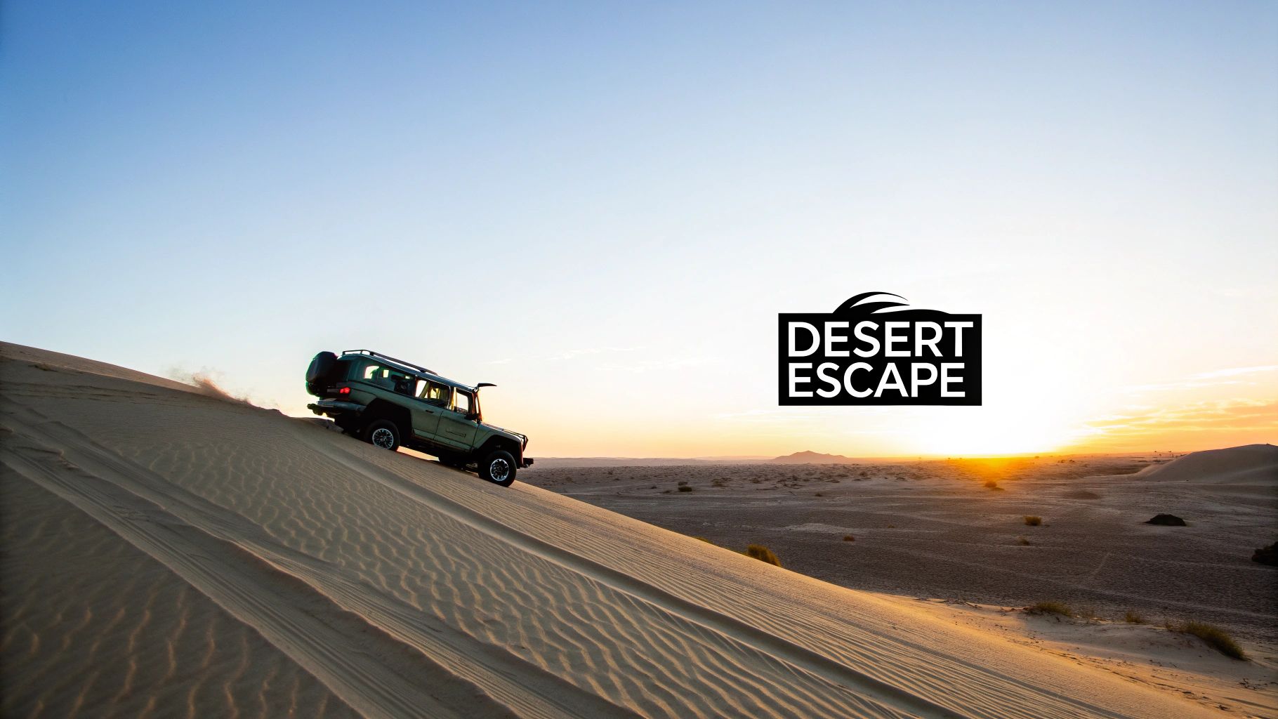 A green 4x4 SUV drives up a huge sand dune at sunset in a vast, golden desert landscape.