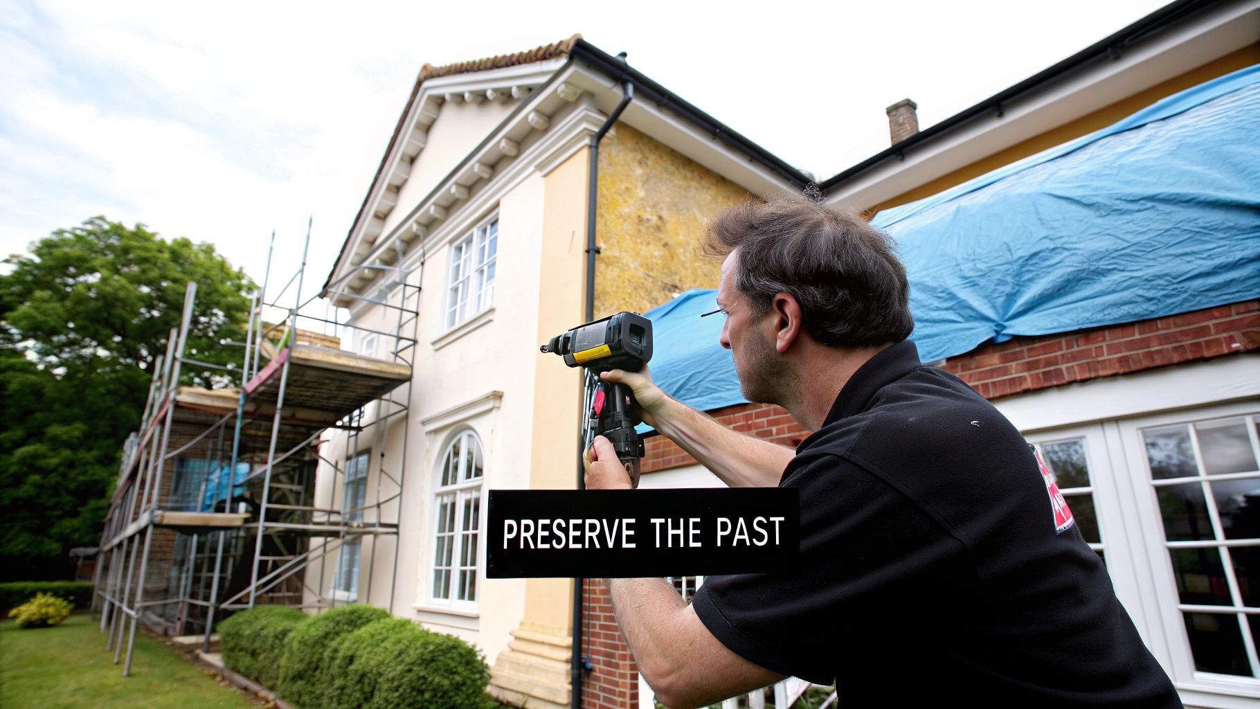 Professional contractor drilling exterior wall during heritage house restoration with scaffolding and protective covering