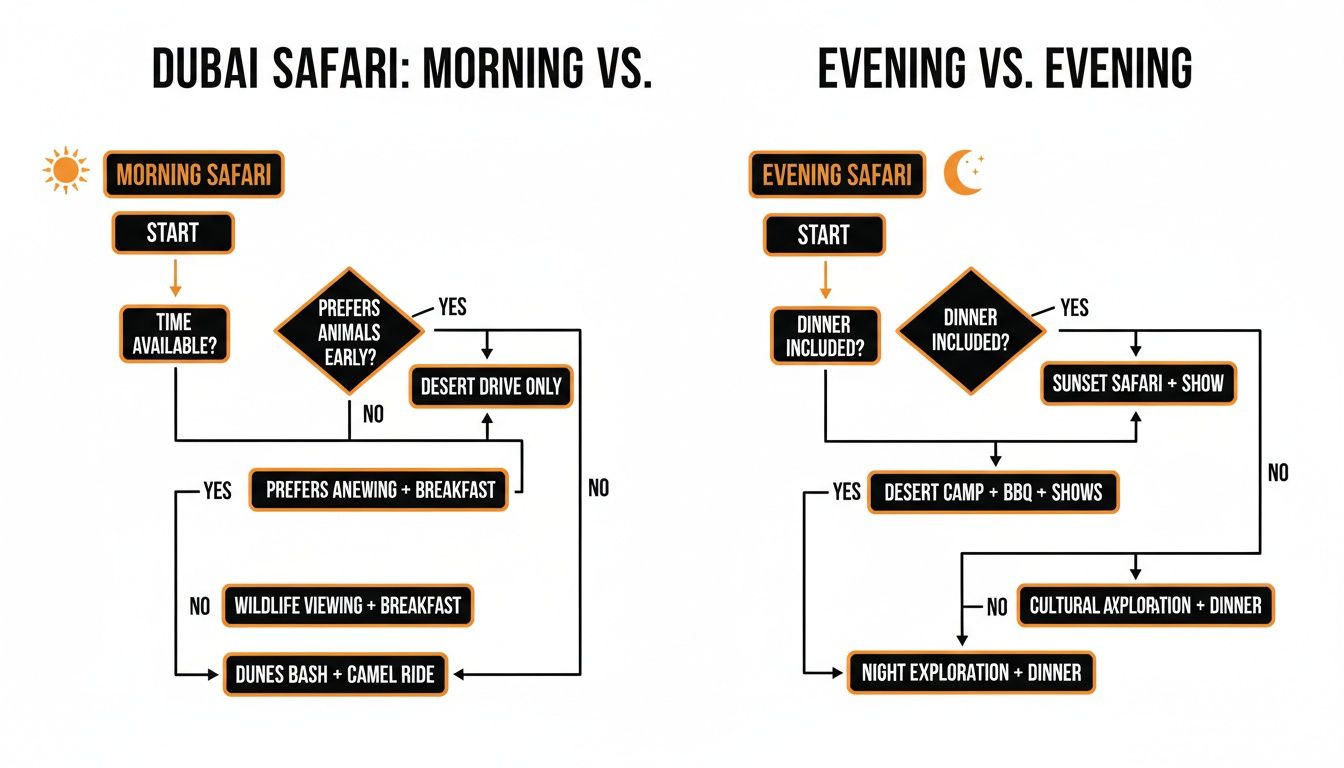 Detailed flowchart comparing different options and activities for Dubai Morning vs. Evening Safaris.