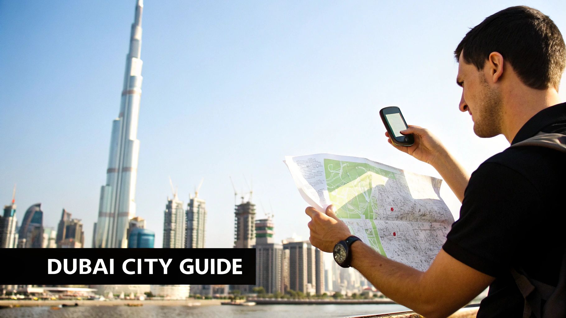 Man comparing a city map with his smartphone in Dubai with the Burj Khalifa in the background.