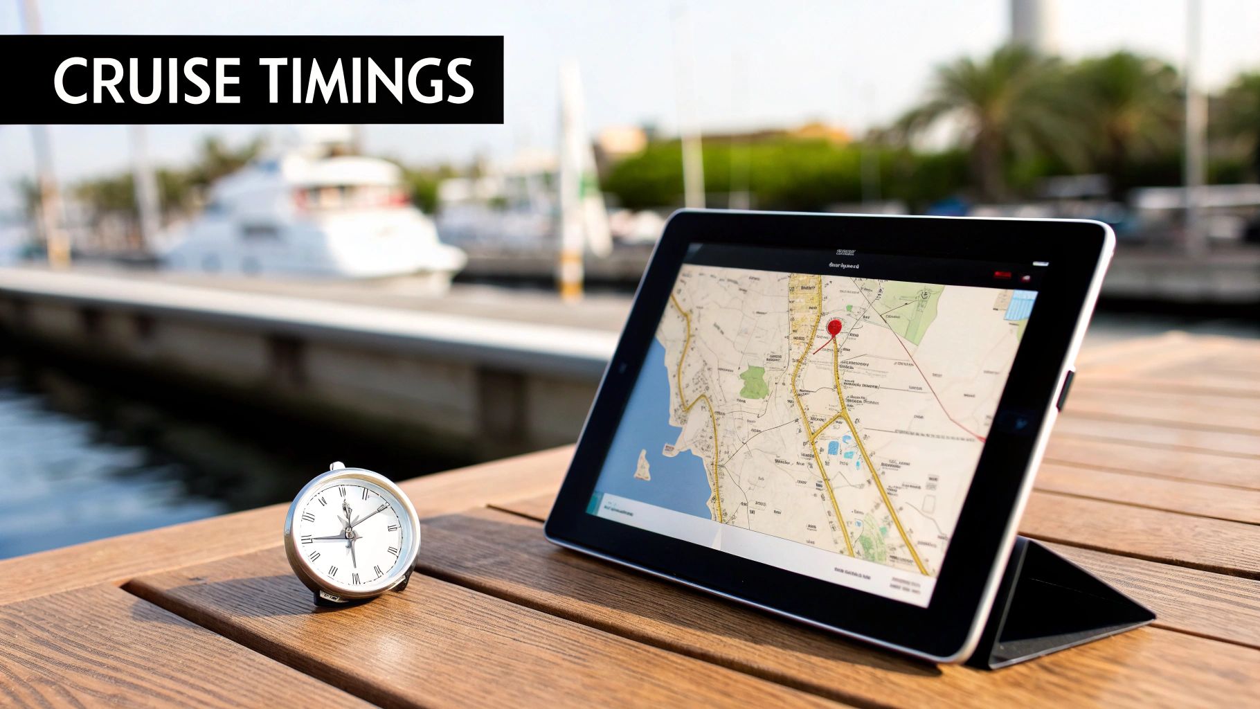 An alarm clock and a tablet showing a map on a wooden table by a dock with boats in the background.