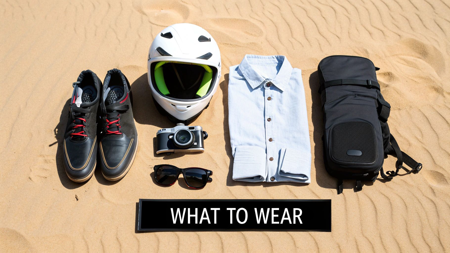 Various travel essentials including shoes, helmet, camera, sunglasses, shirt, and backpack laid on desert sand.
