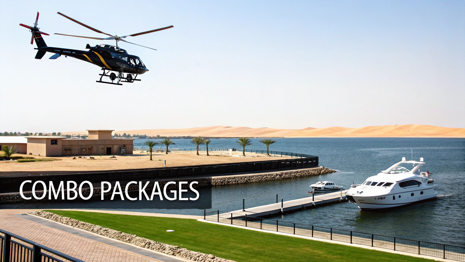 A black helicopter flies over a scenic coastal resort with a yacht docked and desert dunes.