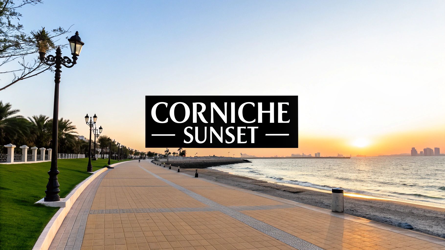 Beautiful Corniche waterfront promenade at sunset with palm trees and beach in Abu Dhabi