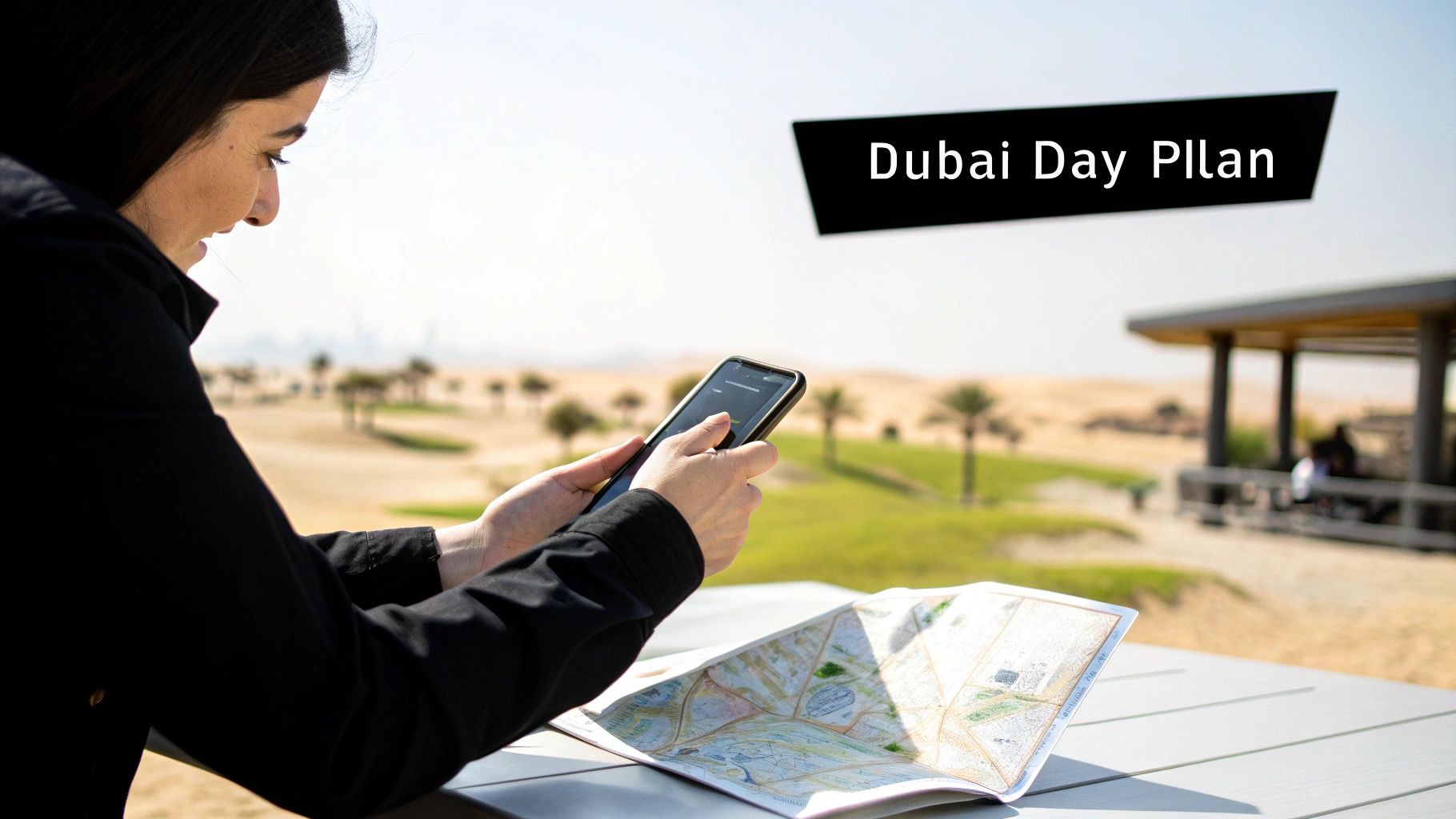 A person uses a smartphone and a paper map to plan a trip in a desert landscape in Dubai.